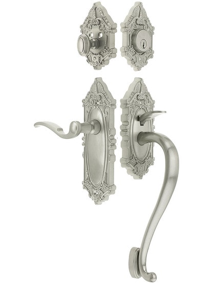 Grandeur Grande Victorian Thumblatch Entrance Set With Bellagio Lever - Right-Handed in Satin Nickel.